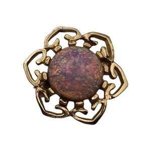 Vintage Faux Fire Opal Opaline Dragons Breath Cabochon Gold Tone Floral Brooch